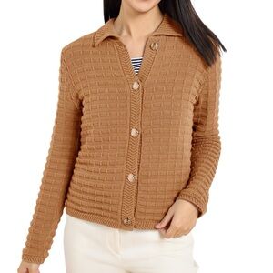 Talbots Textured Polo Cardigan Sweater Camel Brown Tan Gold Button 100% Cotton L
